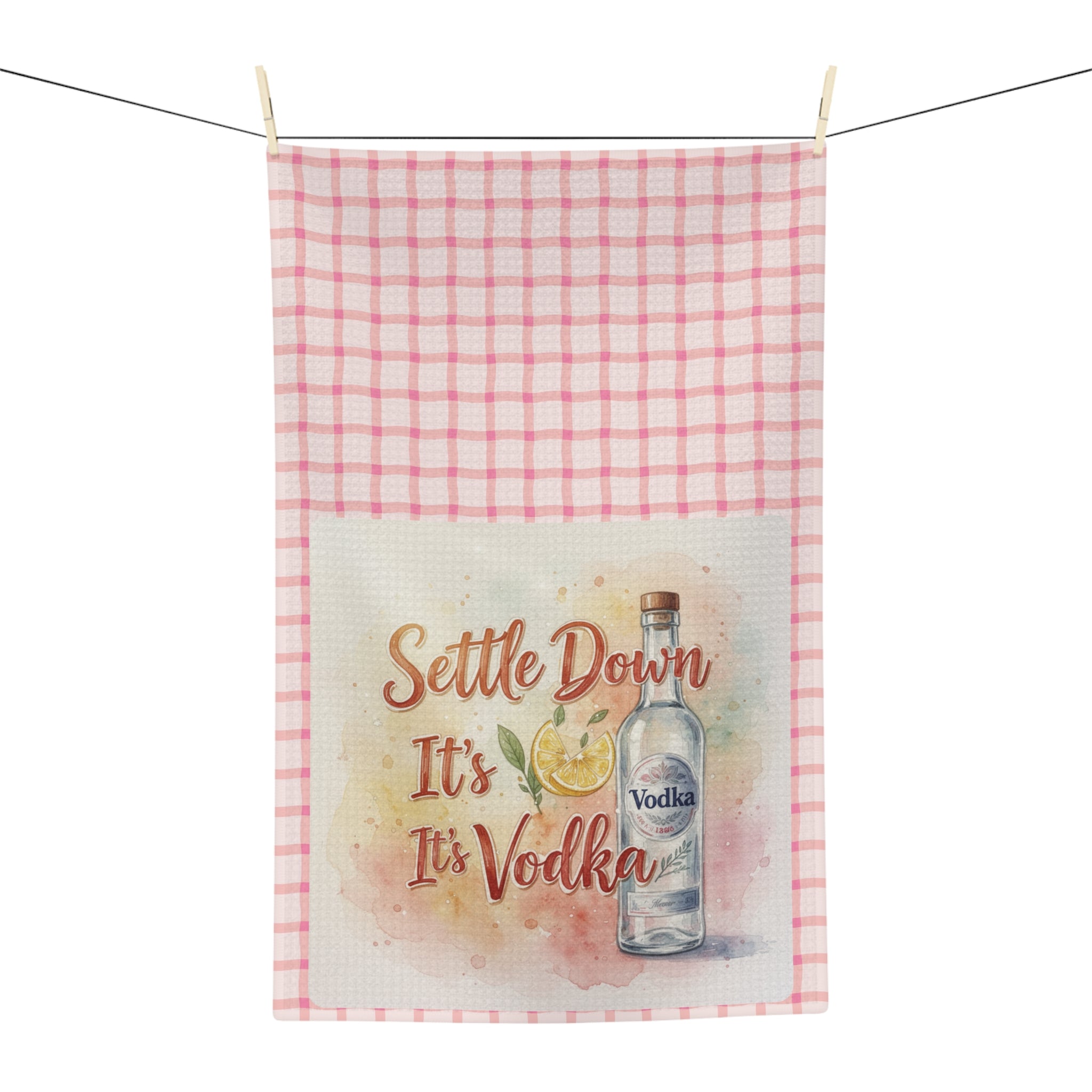 Settle Down It's Vodka Microfiber Tea Towel — Funny Bar Kitchen Towel, Pink Check Cocktail Gift