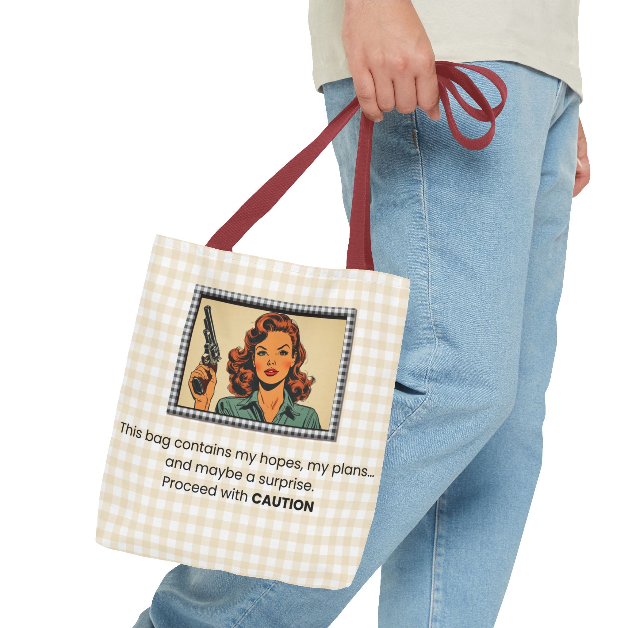 Retro Warning Tote Bag — "This bag contains my hopes, my plans, and maybe a surprise. Proceed with CAUTION"