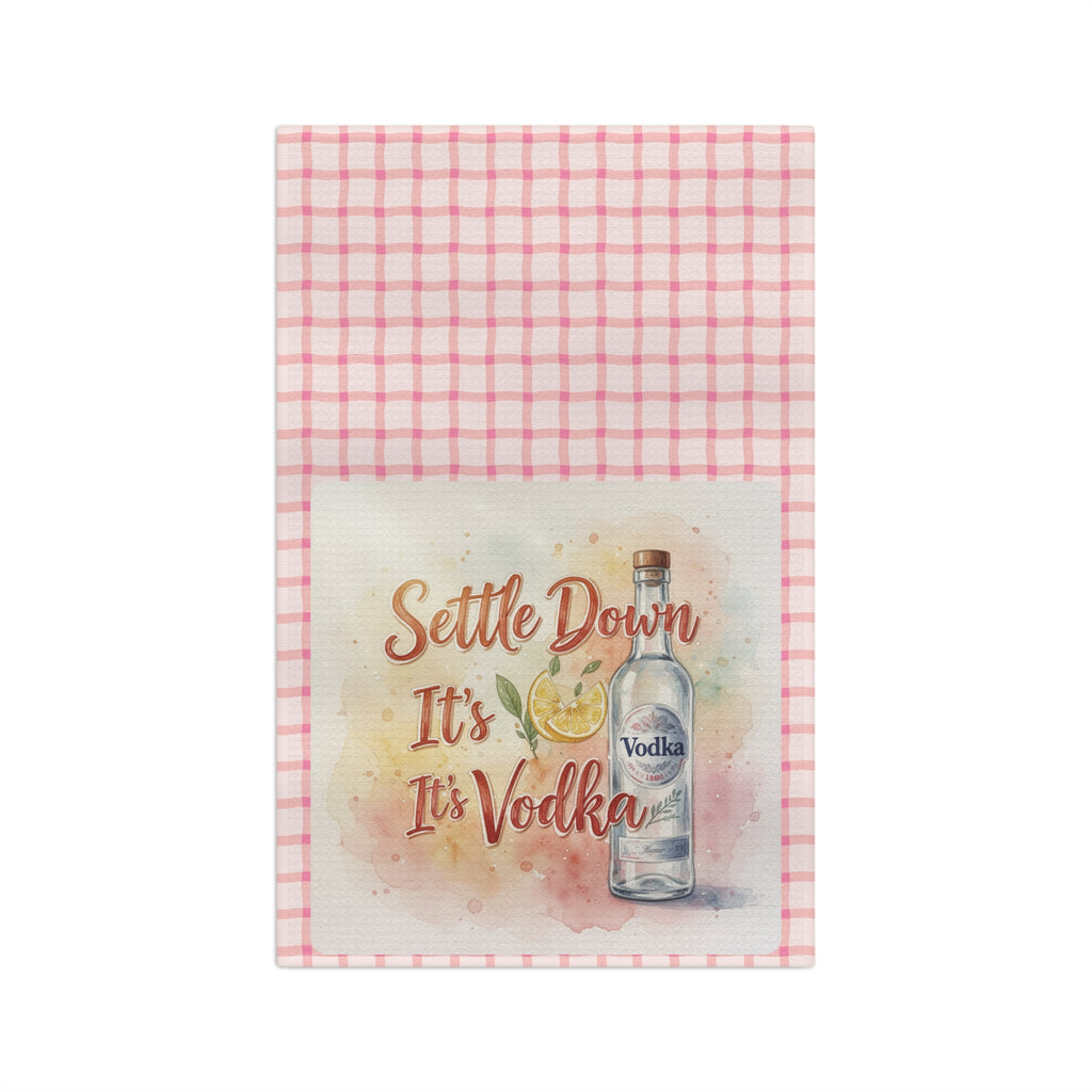 Settle Down It's Vodka Microfiber Tea Towel — Funny Bar Kitchen Towel, Pink Check Cocktail Gift