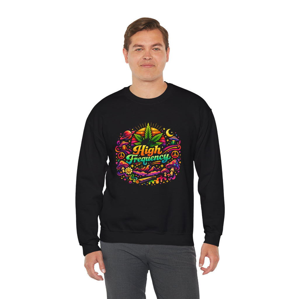 High Frequency Graphic Sweatshirt — Colorful Cannabis Leaf Vibe