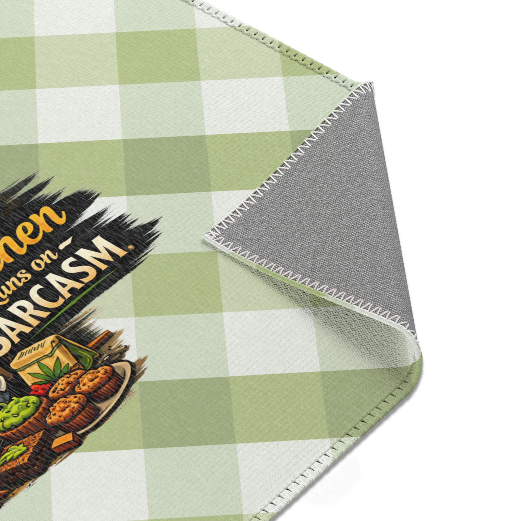 Kitchen Area Rug — "This Kitchen Runs on Sarcasm" Green Gingham Non‑Slip Mat