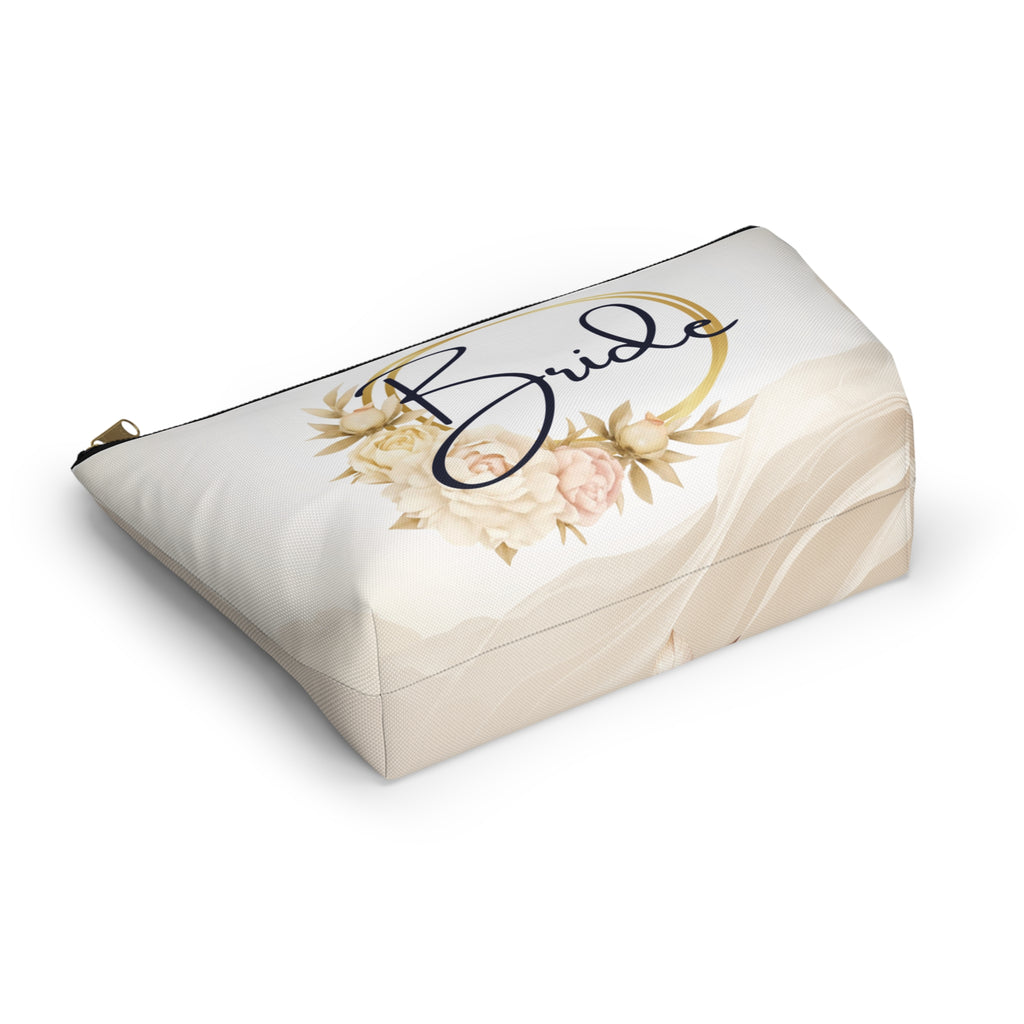 Neutral Tone Bride Floral Accessory Pouch — Bridal Makeup Bag with T‑Bottom