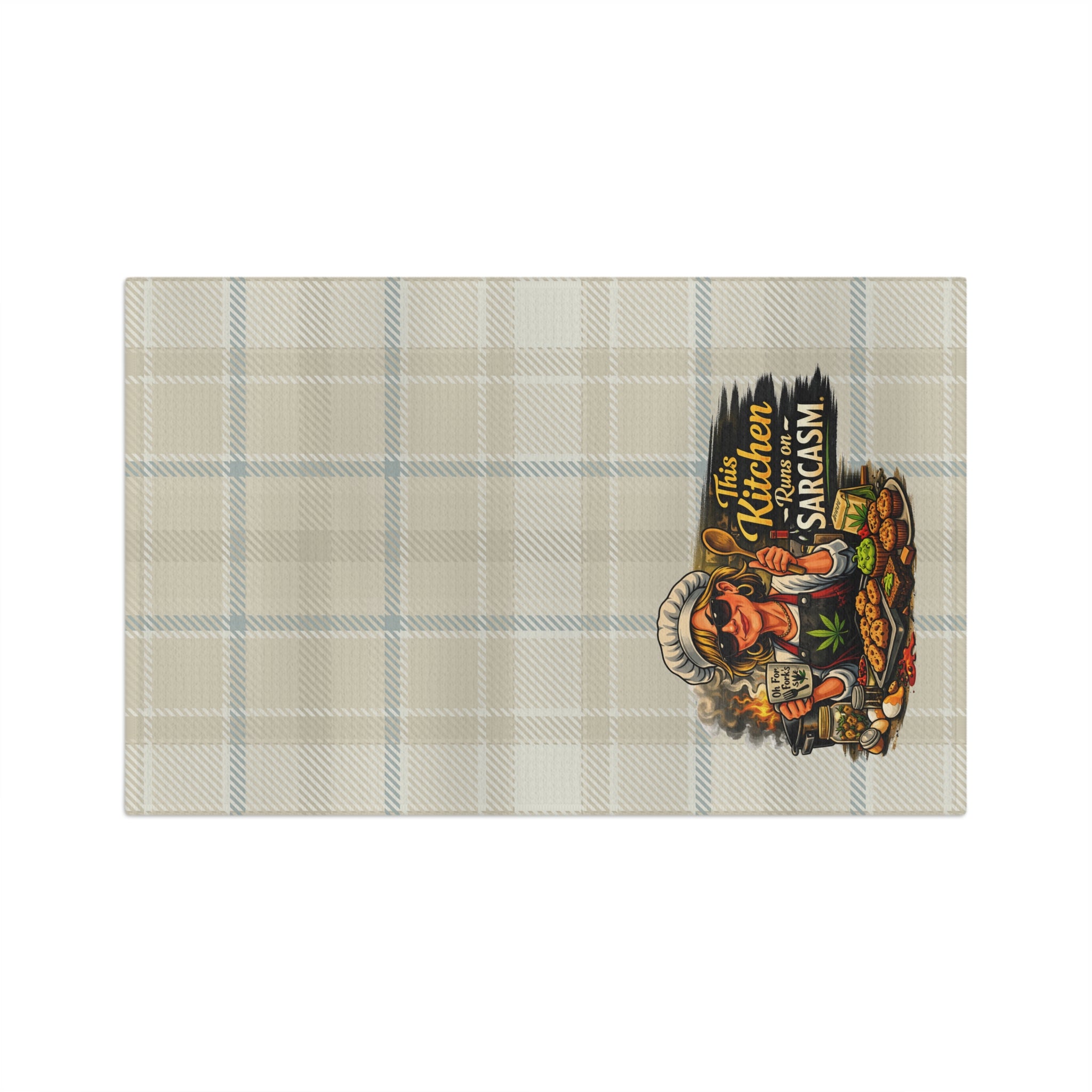 Sarcastic Chef Plaid Tea Towel — "This Kitchen Runs on Sarcasm" Microfiber