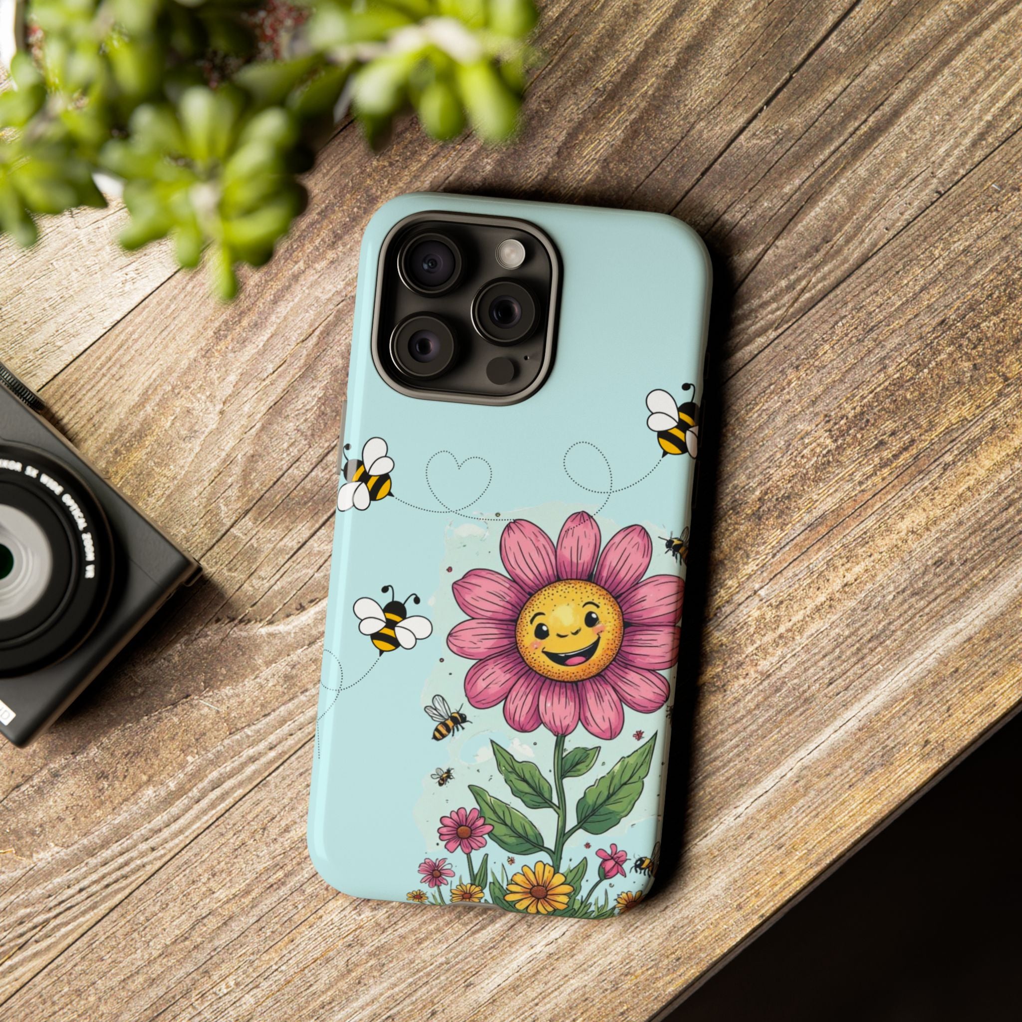 Cute Bee & Smiley Flower Phone Case — Floral Garden Protective Cover