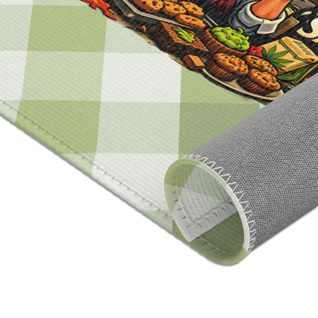 Kitchen Area Rug — "This Kitchen Runs on Sarcasm" Green Gingham Non‑Slip Mat