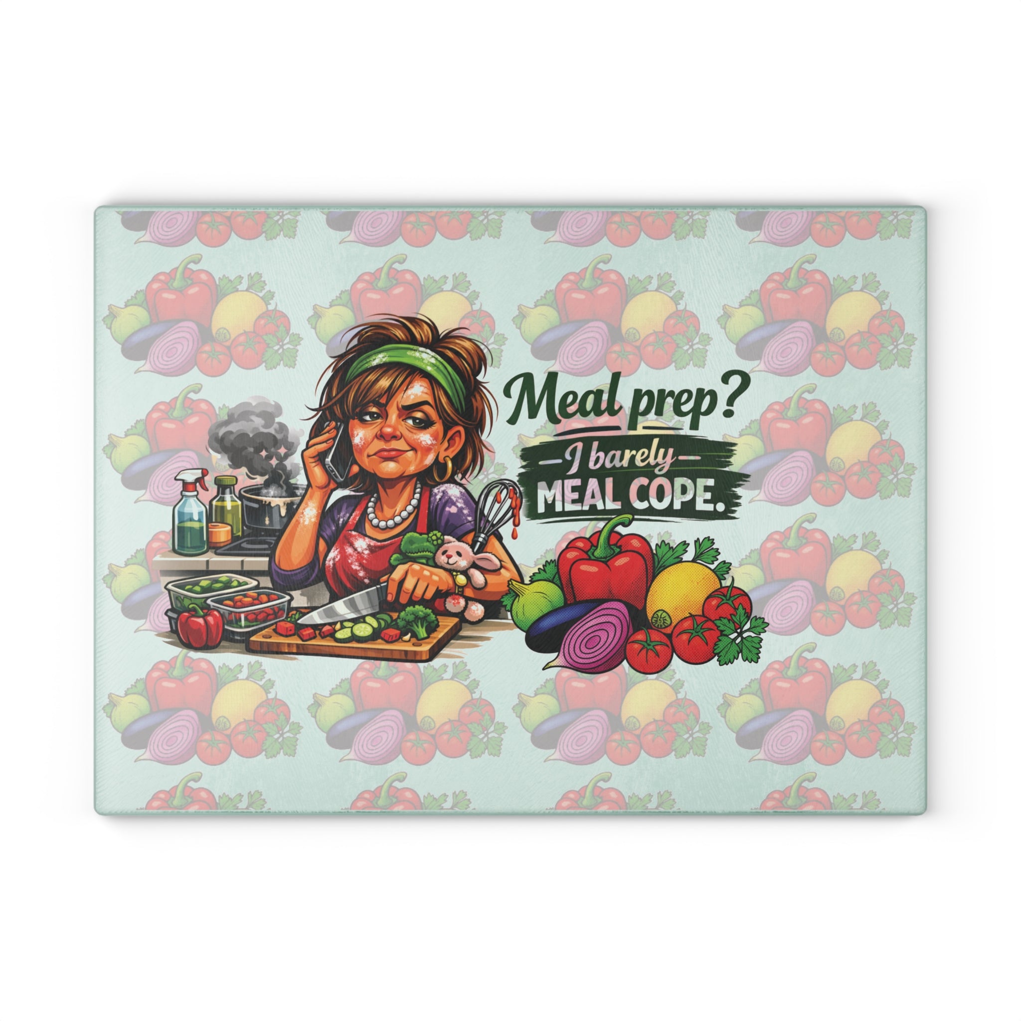 Glass Cutting Board – Funny Meal Prep Kitchen Board: “Meal prep? I barely meal cope.” Vegetable Design
