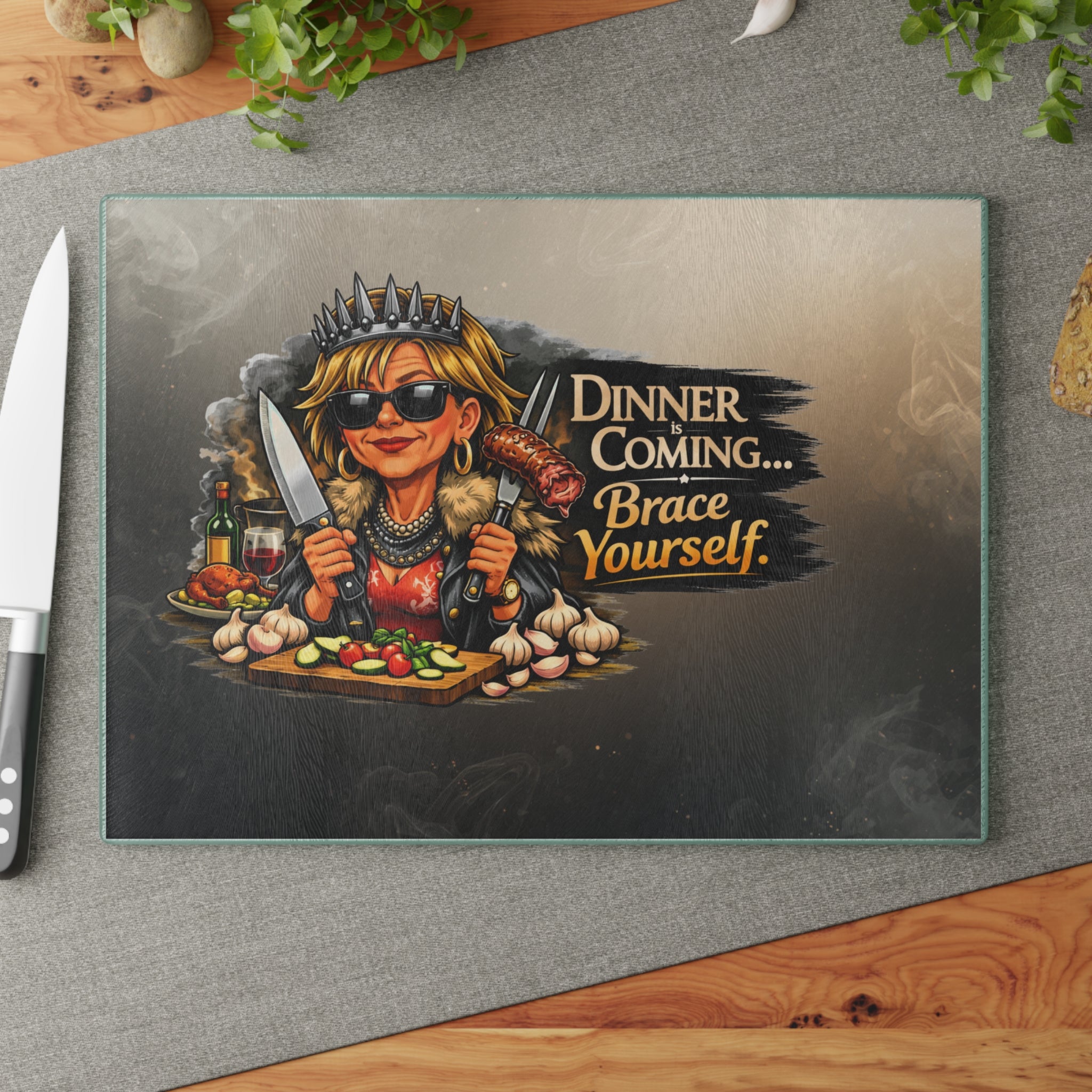 Glass Cutting Board — "Dinner is Coming… Brace Yourself" Kitchen Cutting Board
