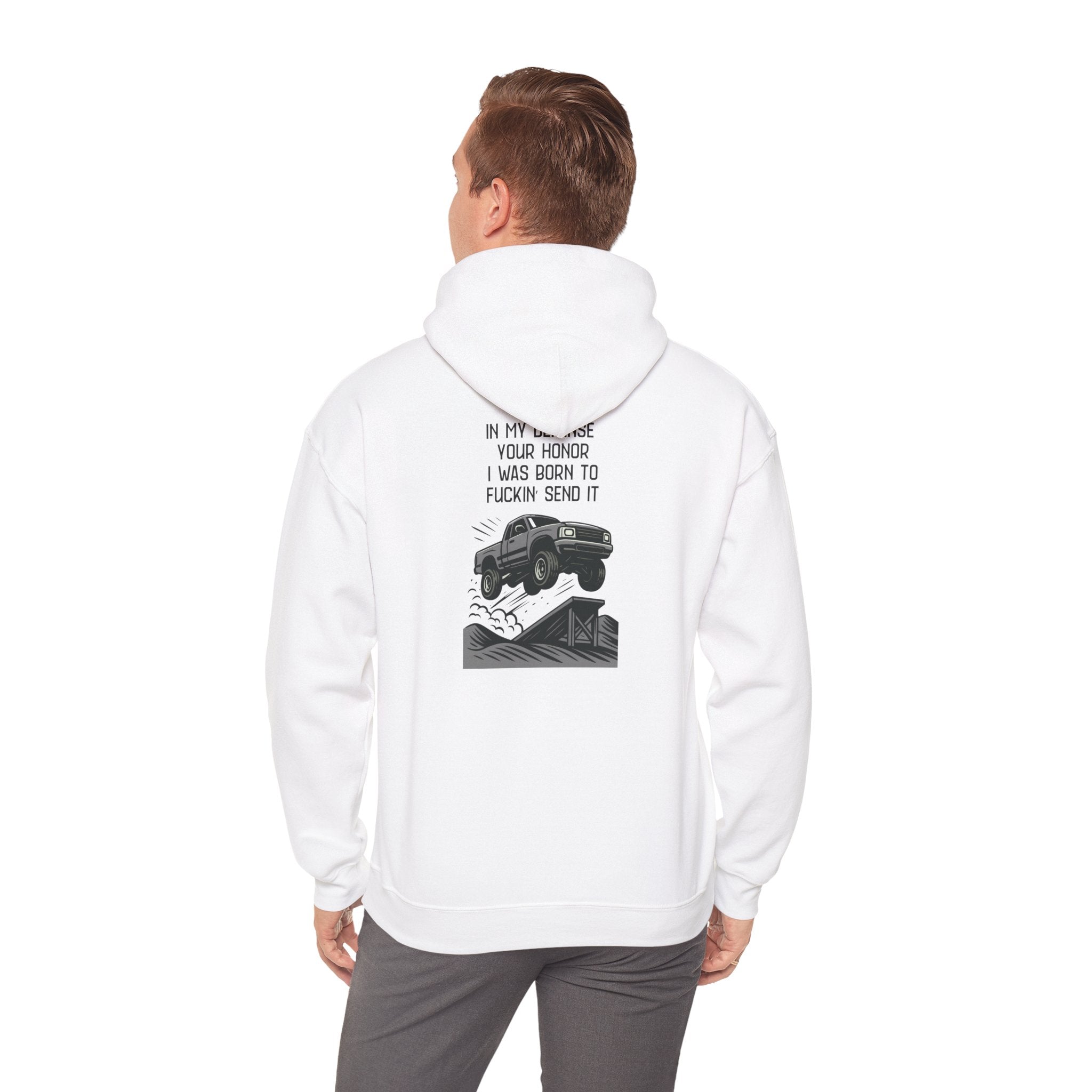 Hoodie — "In My Defense Your Honor" Truck Jump Graphic Pullover