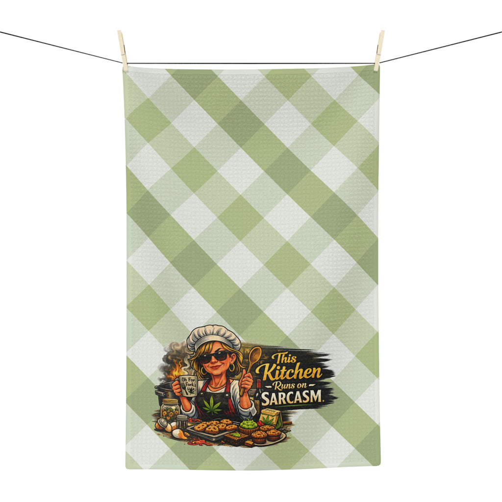Tea Towel — 'This Kitchen Runs on Sarcasm' Green Gingham Microfiber