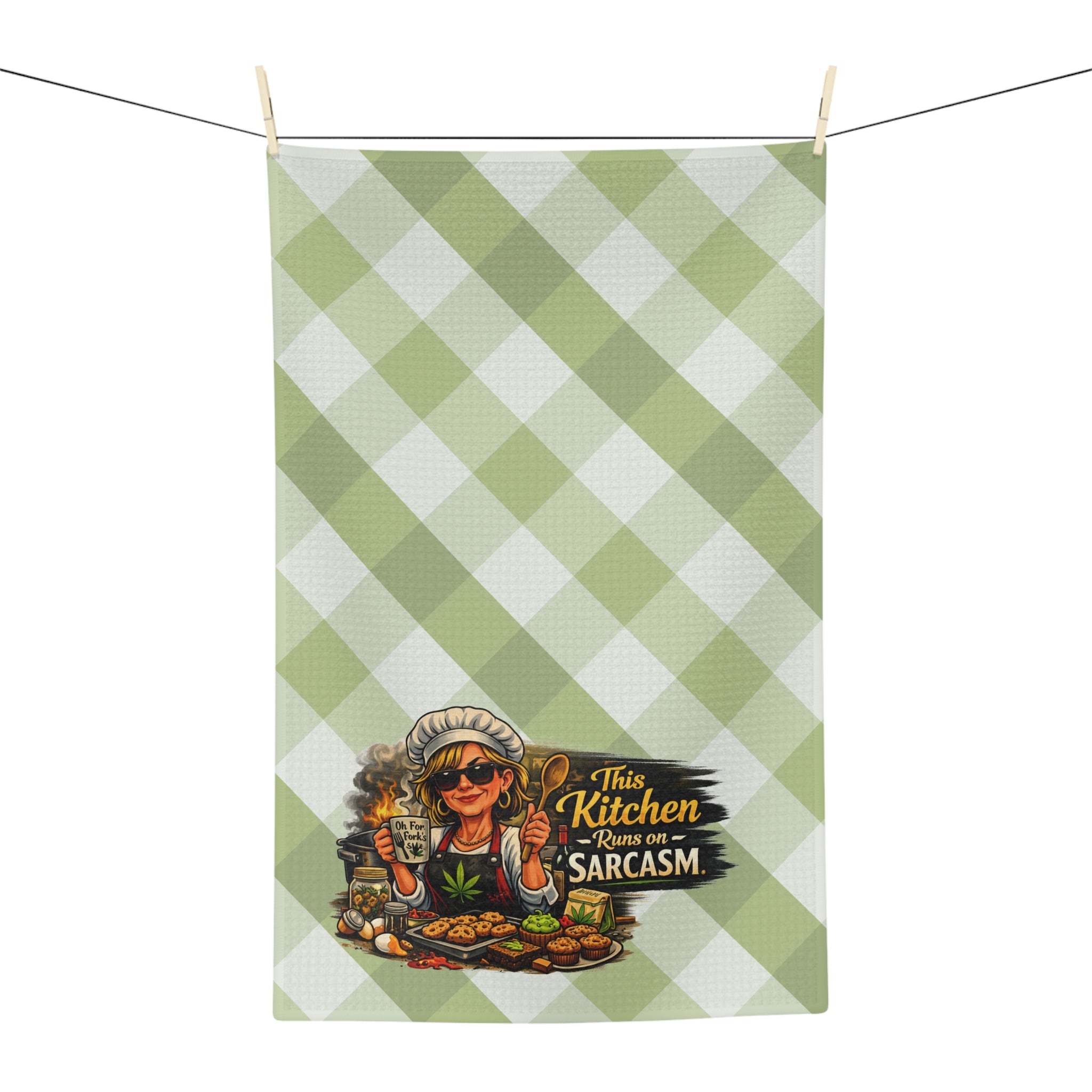 Tea Towel — 'This Kitchen Runs on Sarcasm' Green Gingham Microfiber