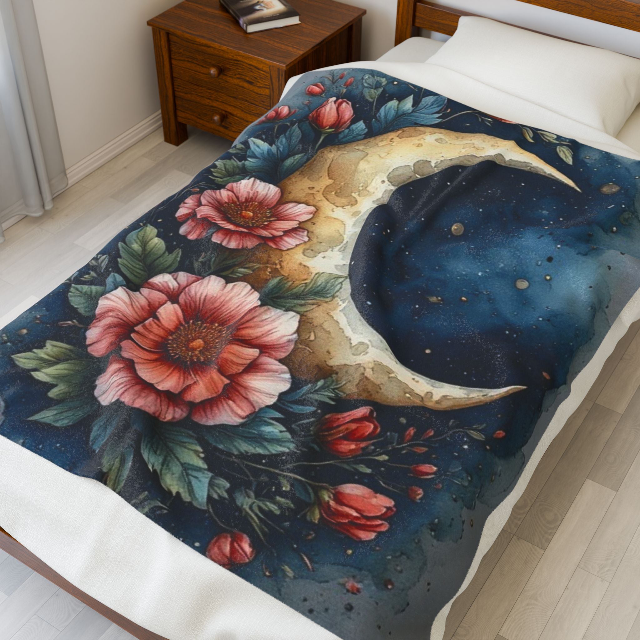 Moon & Floral Velveteen Plush Blanket — Crescent Moon Night Sky Throw
