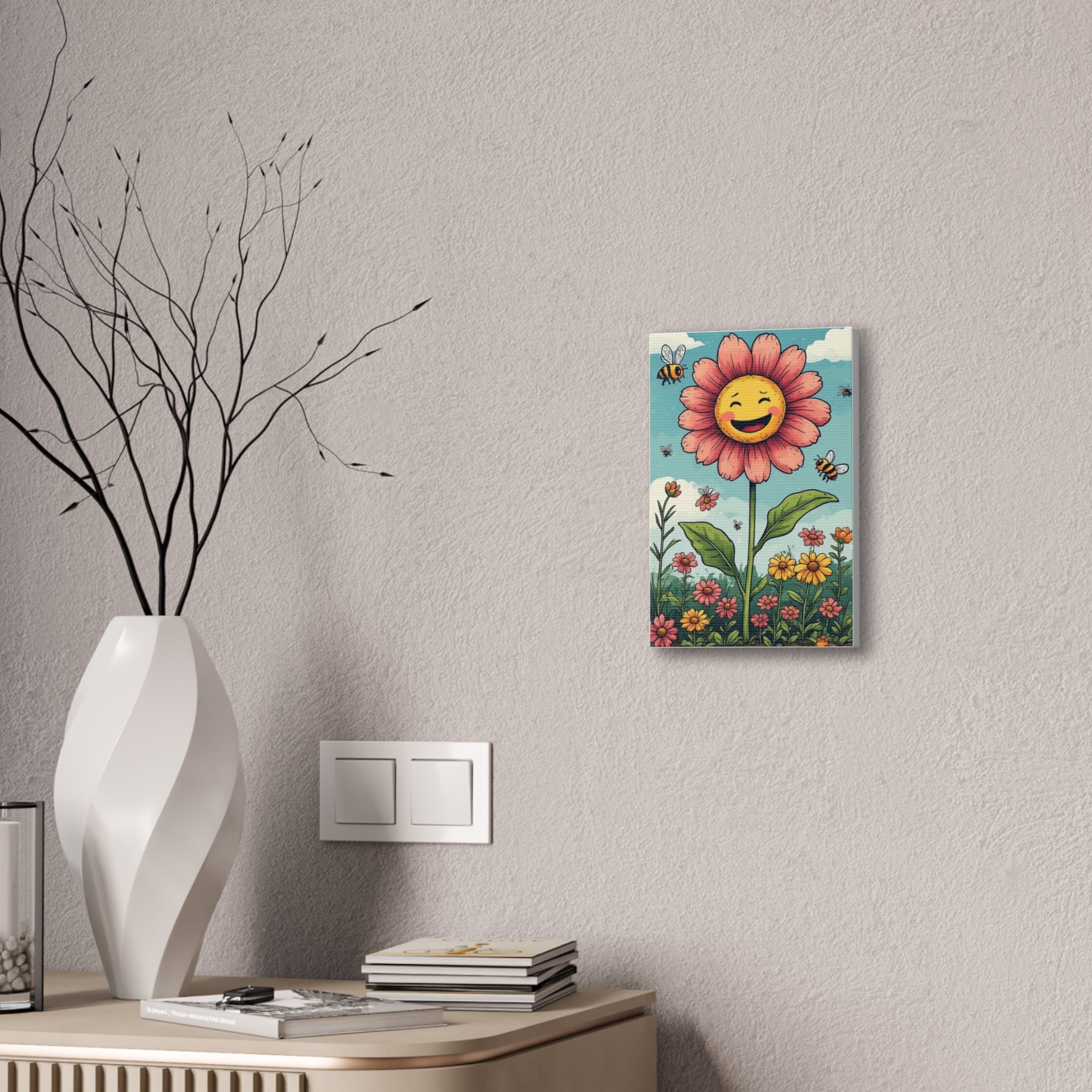 Happy Smiling Flower Canvas Wall Art — Cheerful Floral Nursery Decor