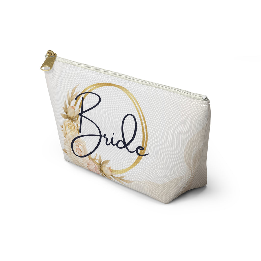 Neutral Tone Bride Floral Accessory Pouch — Bridal Makeup Bag with T‑Bottom
