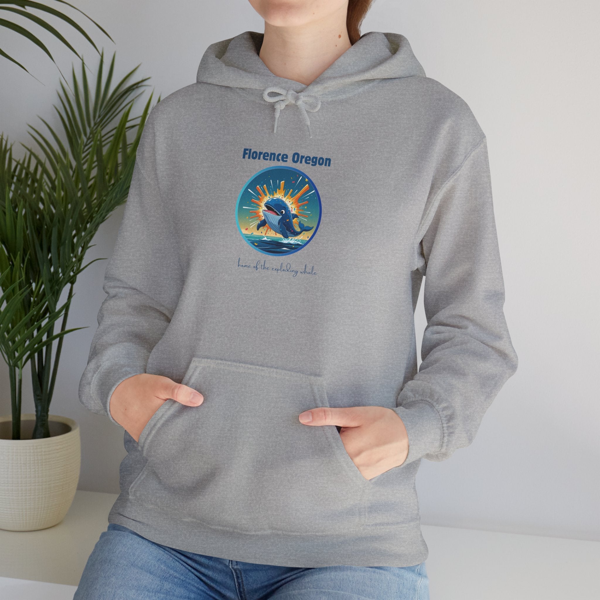 Florence Oregon Exploding Whale Hoodie — Scenic Beach Sunset Graphic Hooded Sweatshirt