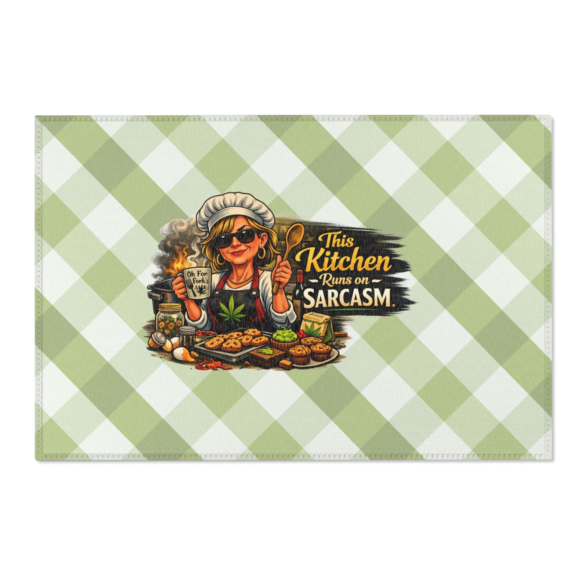 Kitchen Area Rug — "This Kitchen Runs on Sarcasm" Green Gingham Non‑Slip Mat