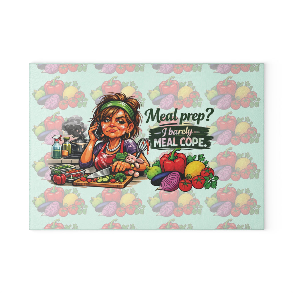 Glass Cutting Board – Funny Meal Prep Kitchen Board: “Meal prep? I barely meal cope.” Vegetable Design