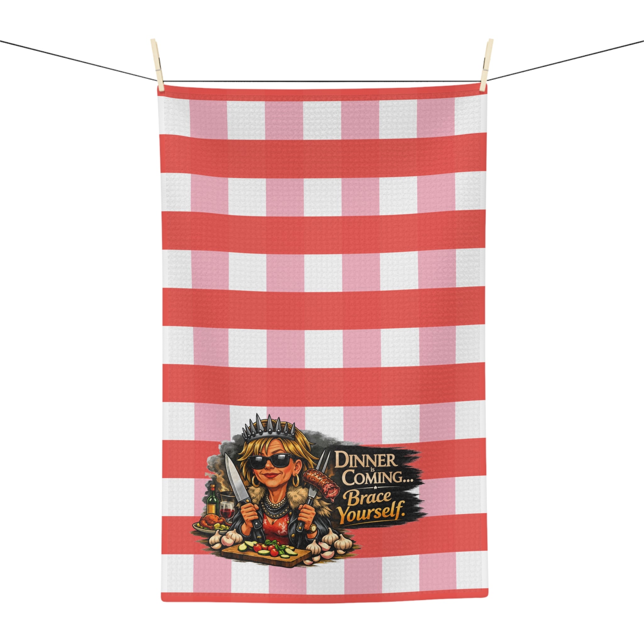Dinner is Coming Tea Towel — Red Gingham Kitchen Towel with 'Dinner is Coming... Brace Yourself' Design