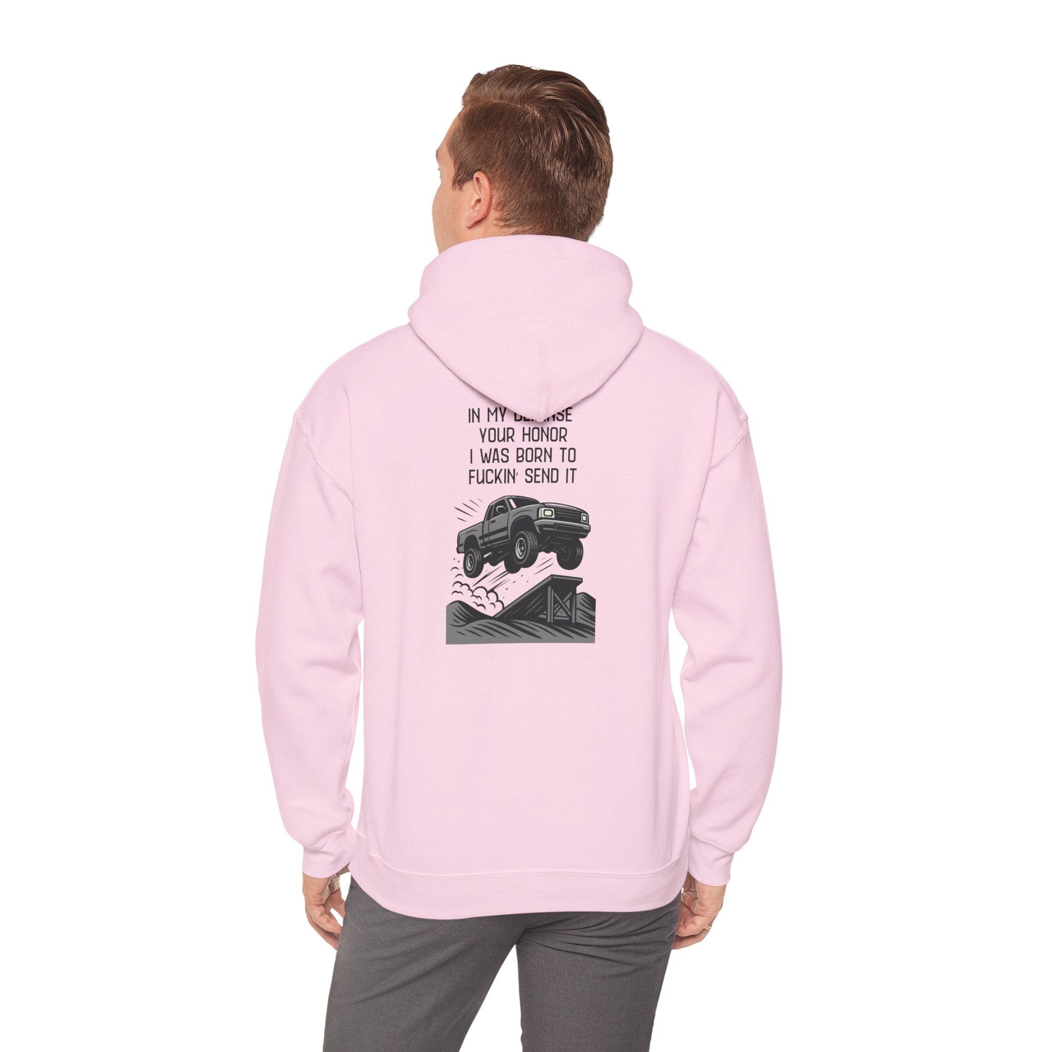 Hoodie — "In My Defense Your Honor" Truck Jump Graphic Pullover