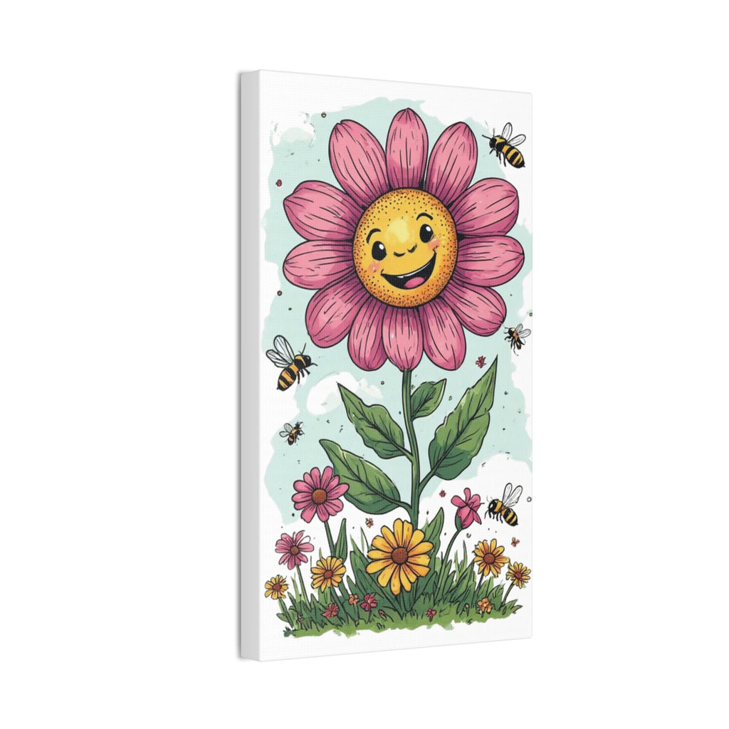 Happy Flower Canvas Print – Smiling Daisy Wall Art with Bees (Canvas Stretched 0.75")