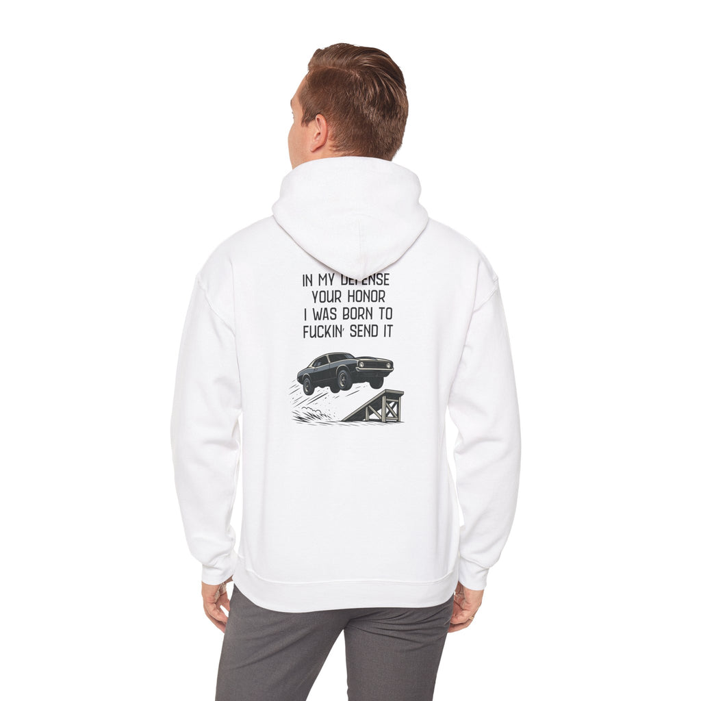 Hoodie — "In My Defense Your Honor I Was Born to Fuckin' Send It" Graphic Hoodie