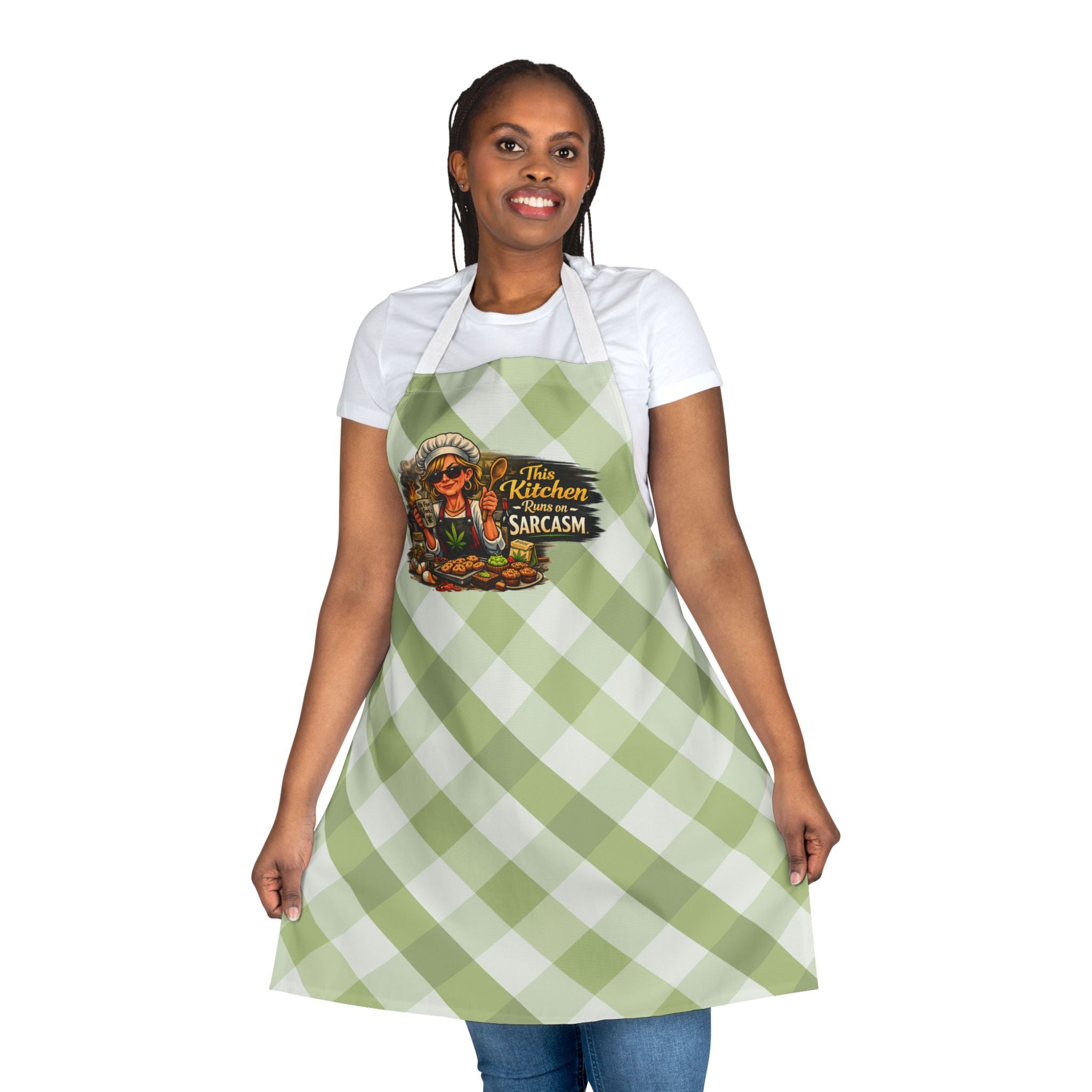 Apron "This Kitchen Runs on Sarcasm" – Plaid Chef Apron for Home Cooks & Gift Giving