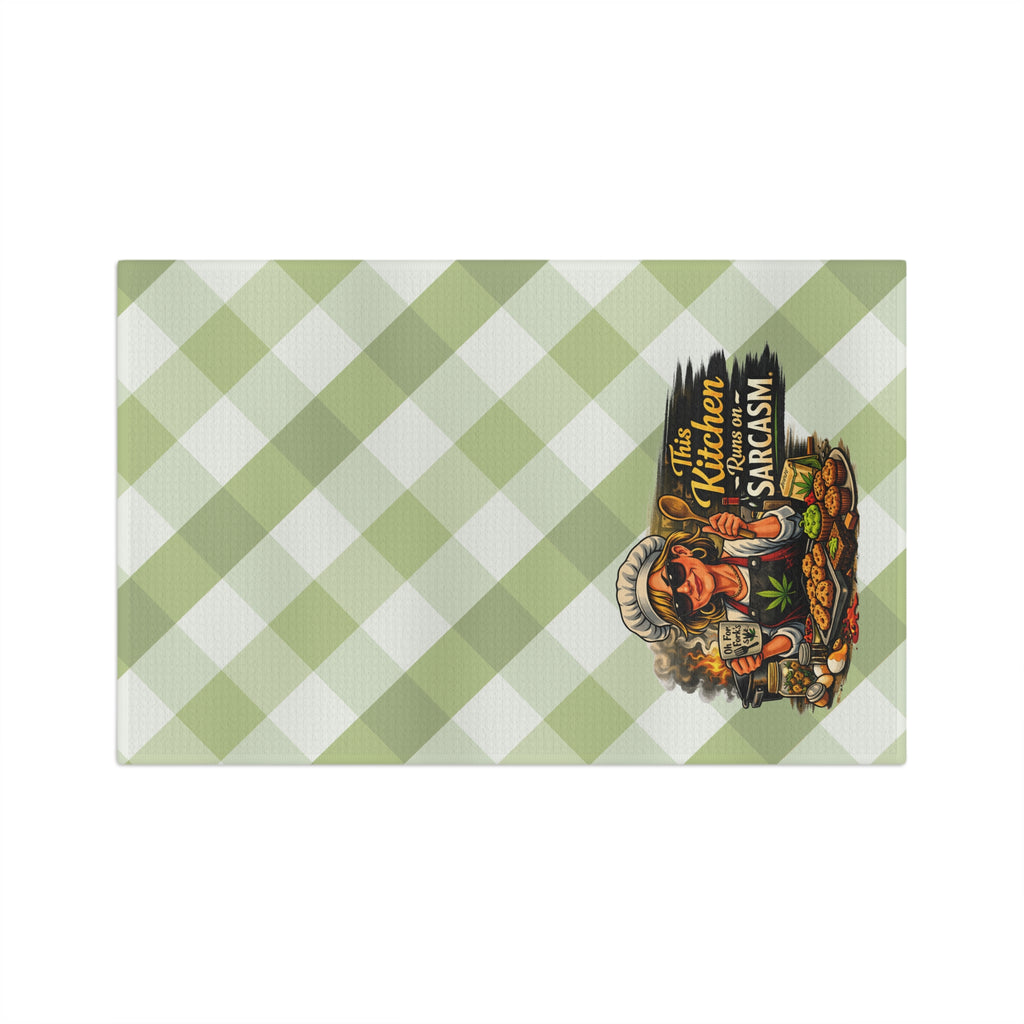 Tea Towel — 'This Kitchen Runs on Sarcasm' Green Gingham Microfiber