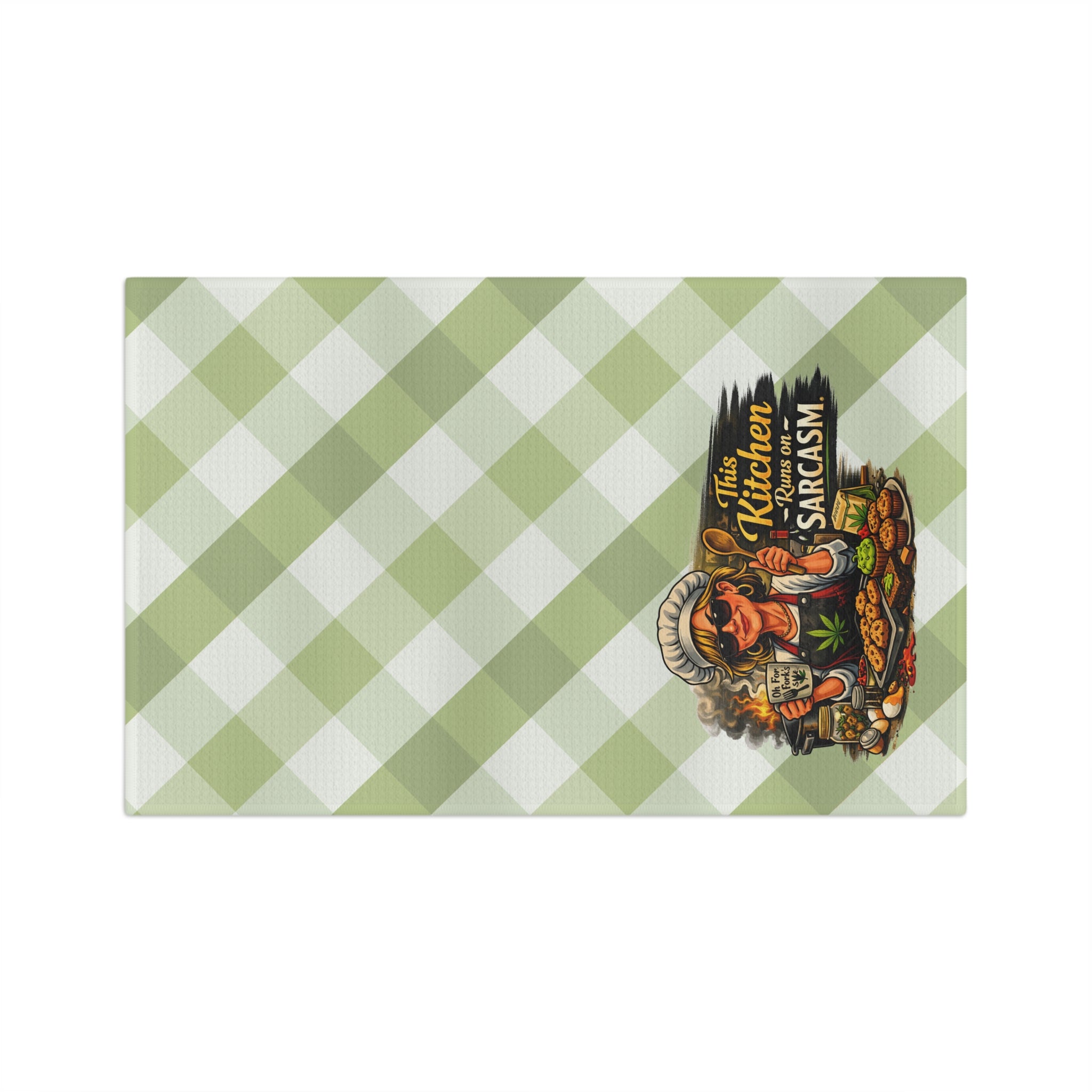 Tea Towel — 'This Kitchen Runs on Sarcasm' Green Gingham Microfiber
