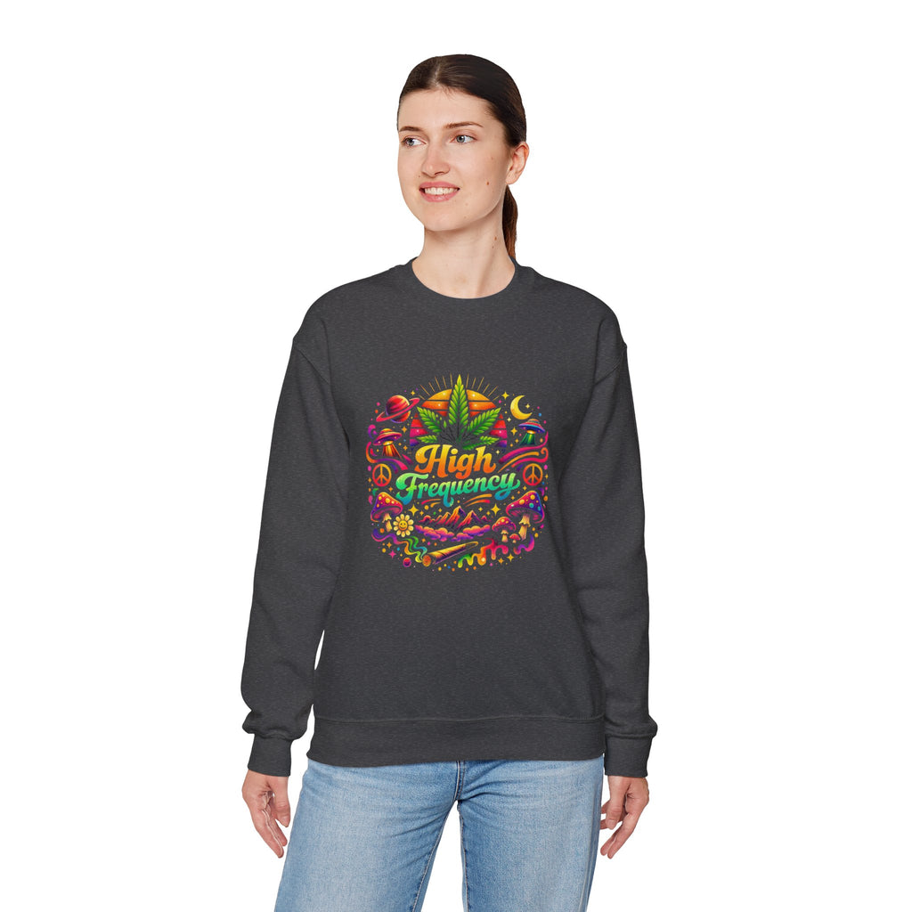 High Frequency Graphic Sweatshirt — Colorful Cannabis Leaf Vibe