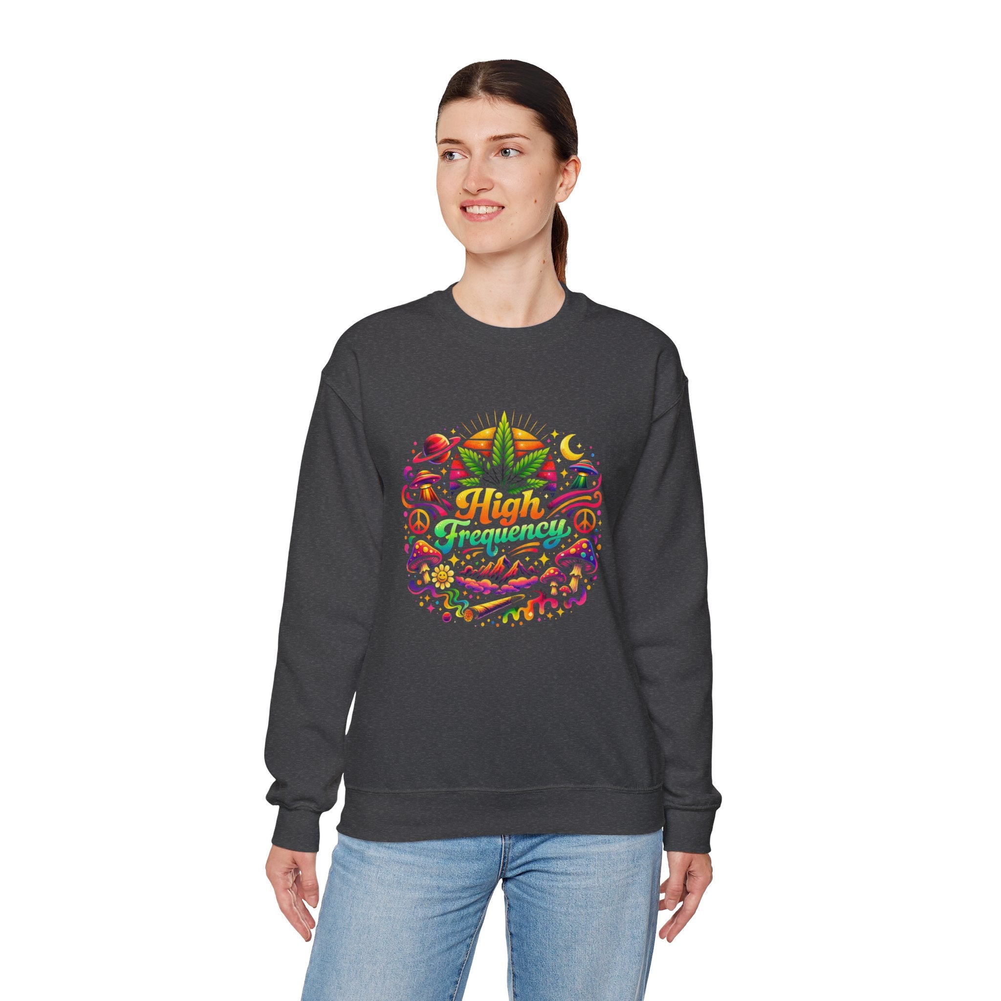 High Frequency Graphic Sweatshirt — Colorful Cannabis Leaf Vibe