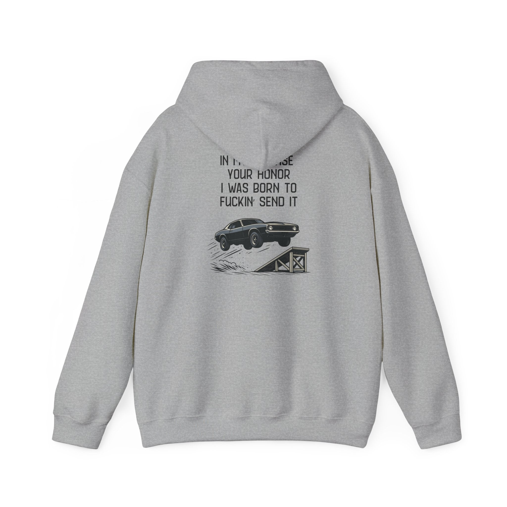 Hoodie — "In My Defense Your Honor I Was Born to Fuckin' Send It" Graphic Hoodie