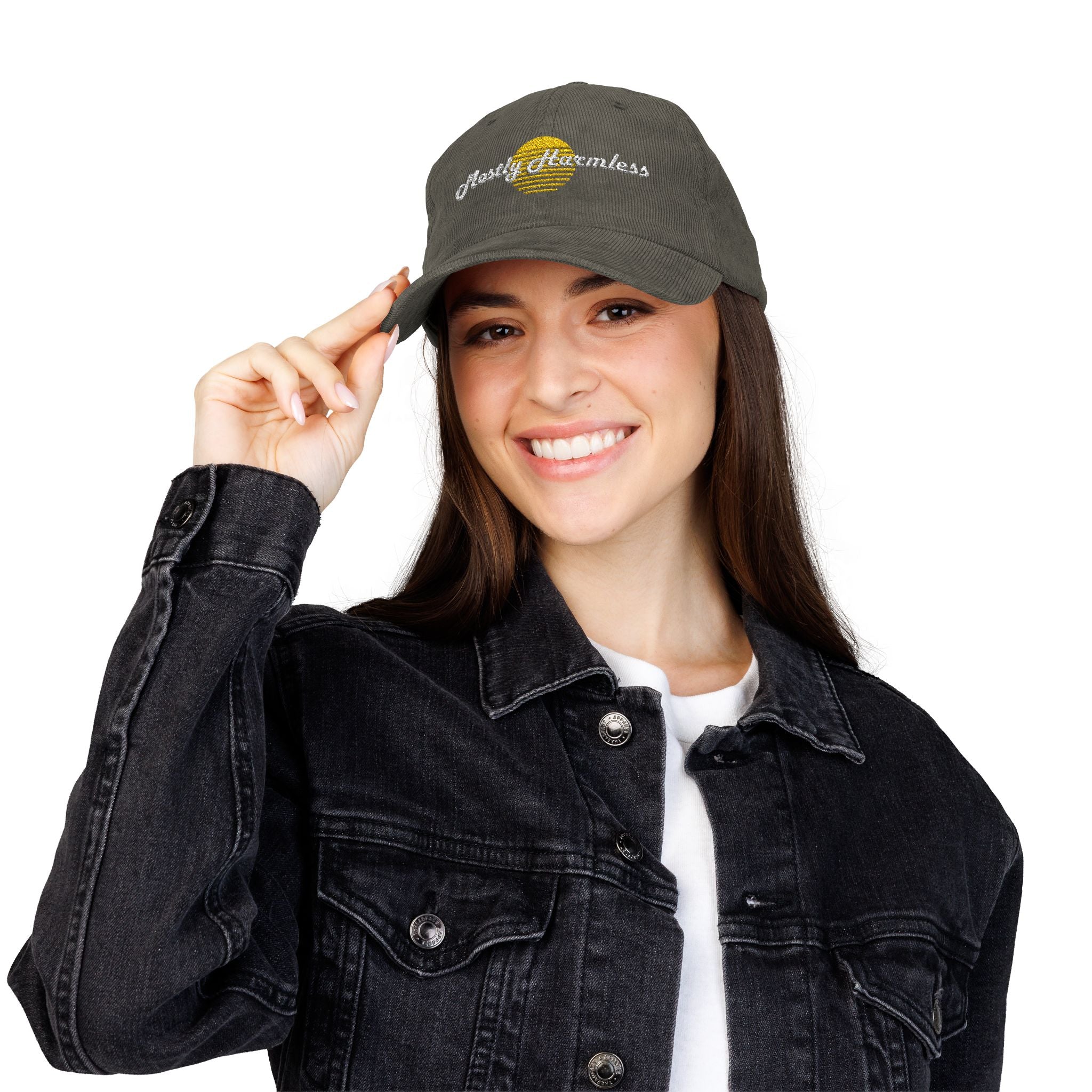 Mostly Harmless Embroidered Corduroy Cap — Vintage Sunset Baseball Hat