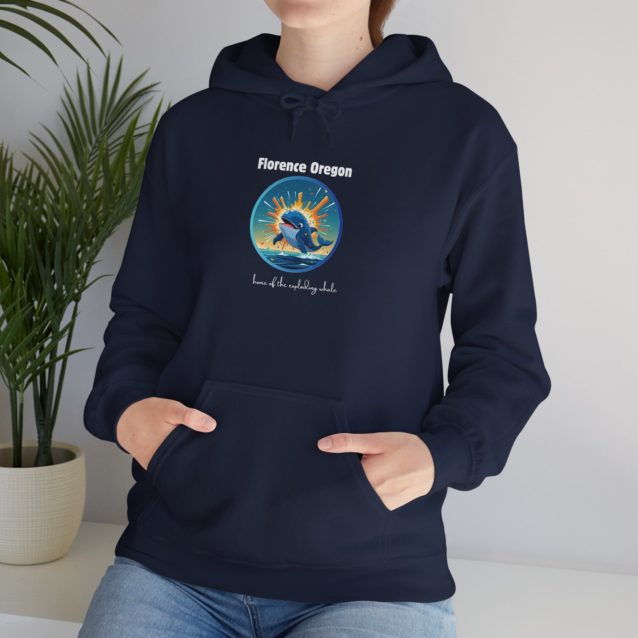 Florence Oregon Exploding Whale Hoodie — Scenic Beach Sunset Graphic Hooded Sweatshirt