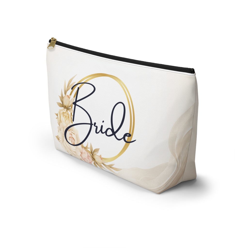 Neutral Tone Bride Floral Accessory Pouch — Bridal Makeup Bag with T‑Bottom