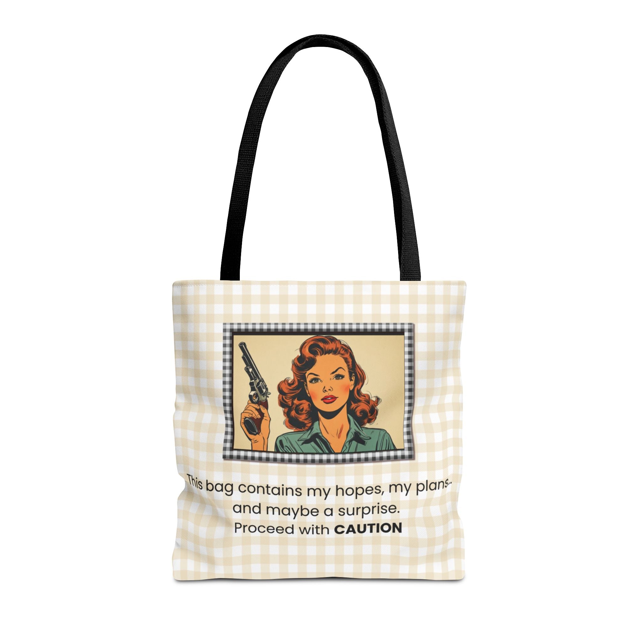 Retro Warning Tote Bag — "This bag contains my hopes, my plans, and maybe a surprise. Proceed with CAUTION"