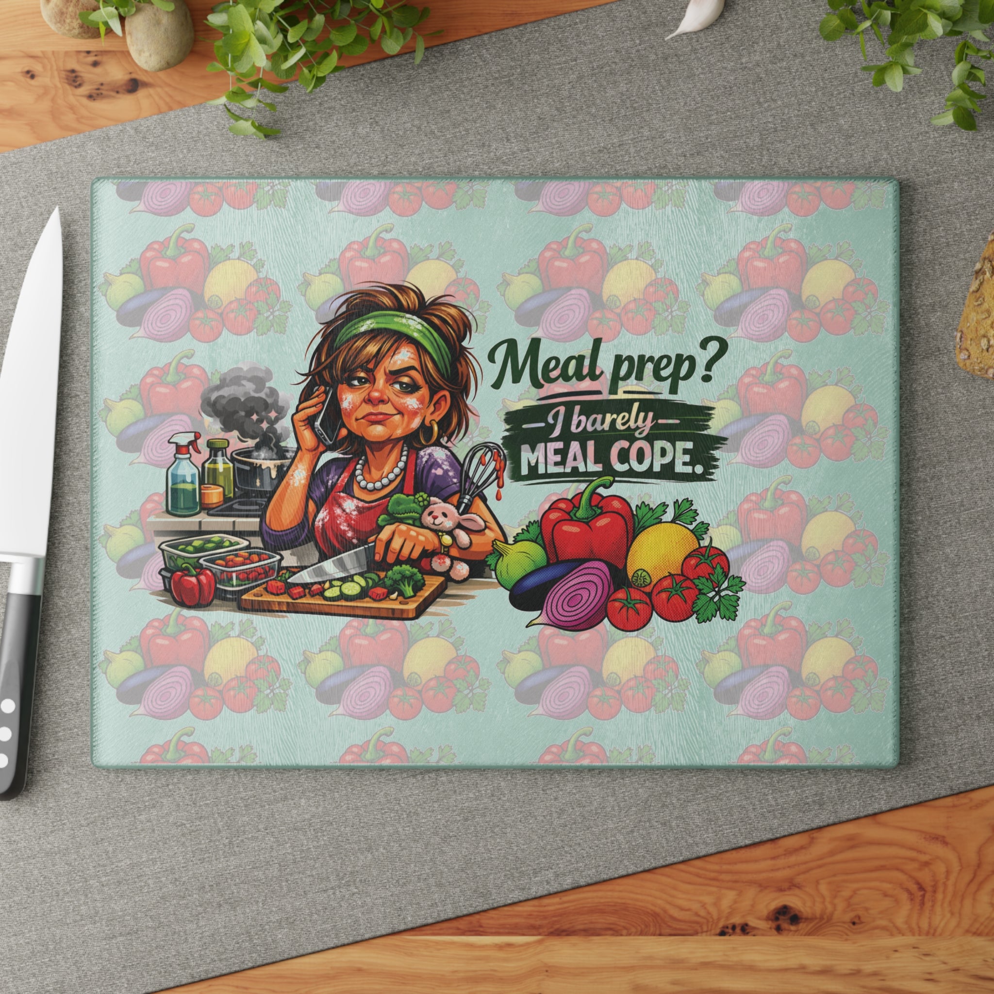 Glass Cutting Board – Funny Meal Prep Kitchen Board: “Meal prep? I barely meal cope.” Vegetable Design