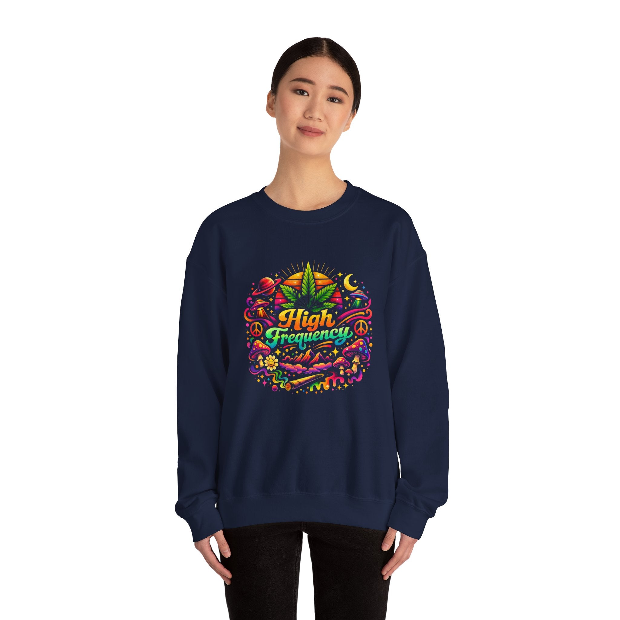 High Frequency Graphic Sweatshirt — Colorful Cannabis Leaf Vibe