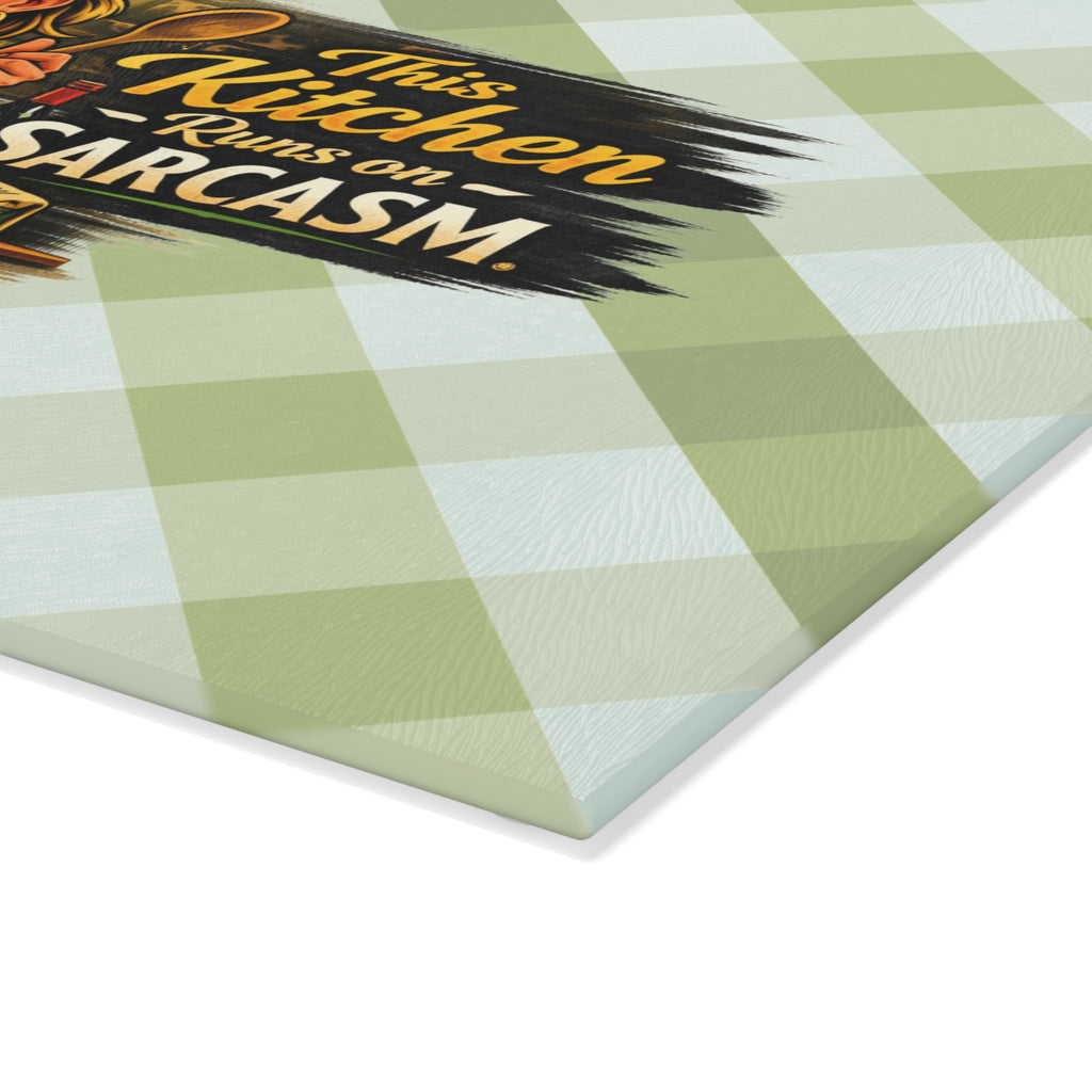 Glass Cutting Board — "This Kitchen Runs on Sarcasm" Green Gingham Funny Chef Design