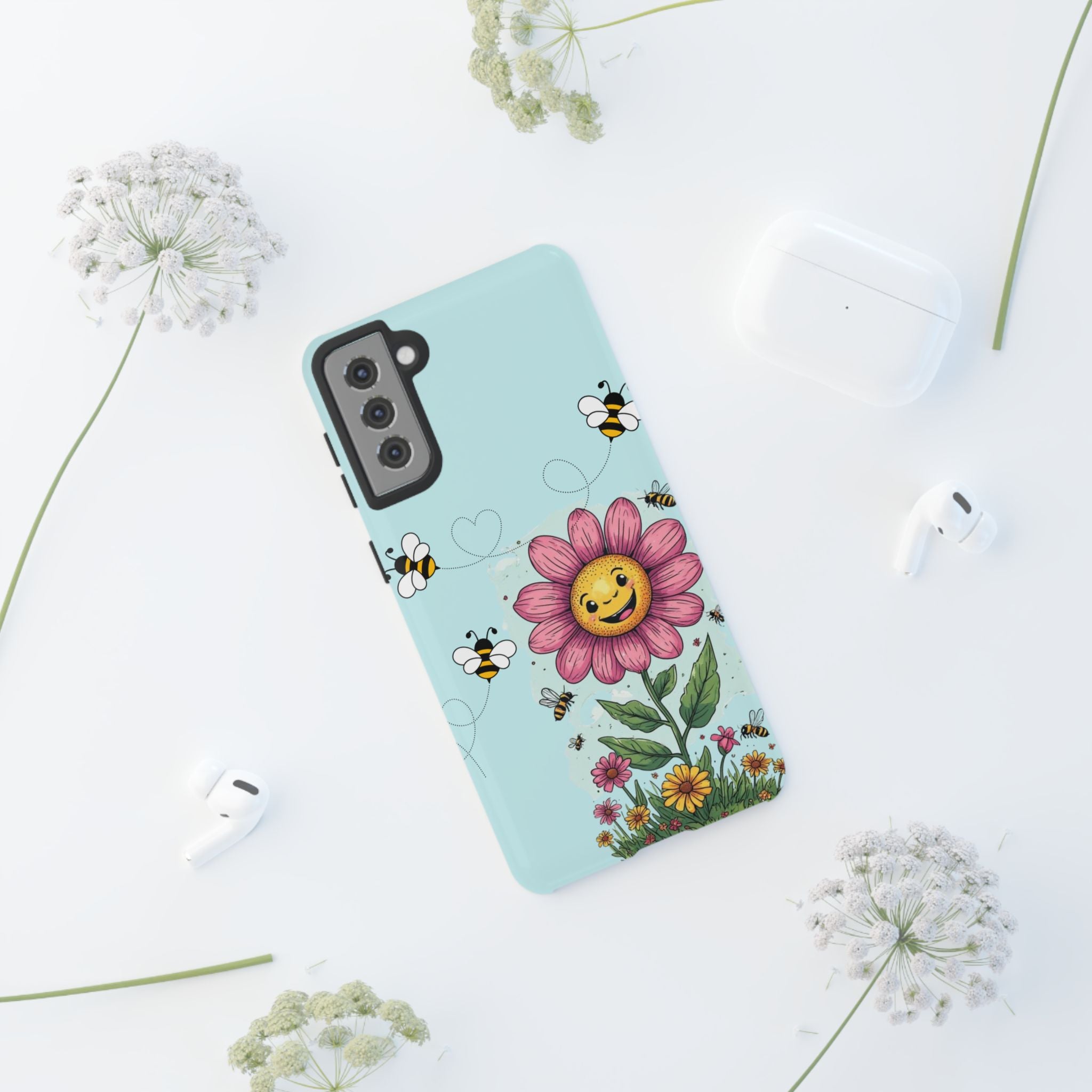 Cute Bee & Smiley Flower Phone Case — Floral Garden Protective Cover