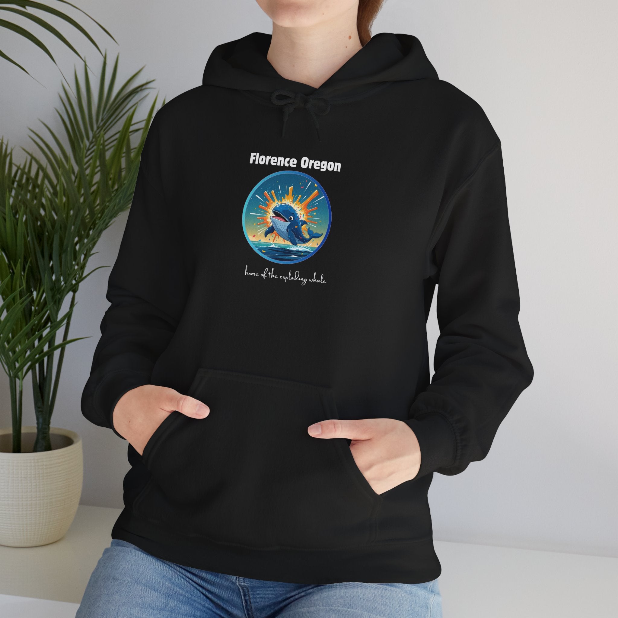Florence Oregon Exploding Whale Hoodie — Scenic Beach Sunset Graphic Hooded Sweatshirt