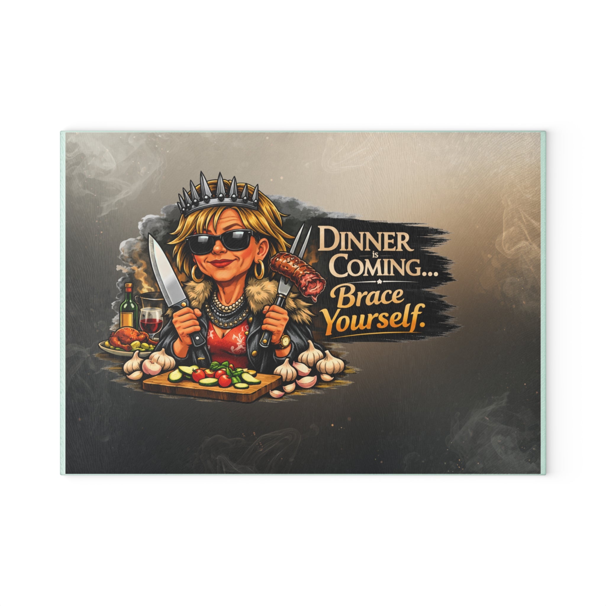 Glass Cutting Board — "Dinner is Coming… Brace Yourself" Kitchen Cutting Board