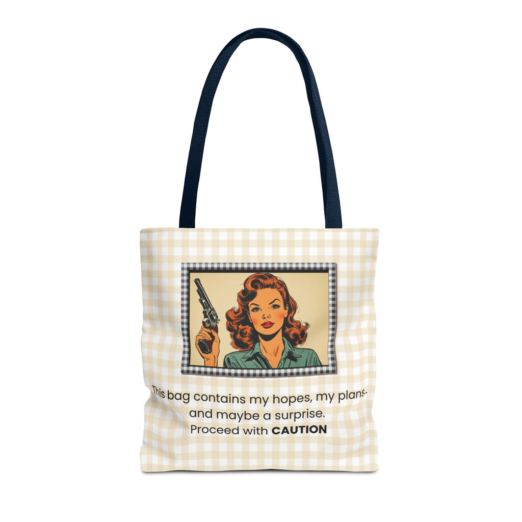 Retro Warning Tote Bag — "This bag contains my hopes, my plans, and maybe a surprise. Proceed with CAUTION"