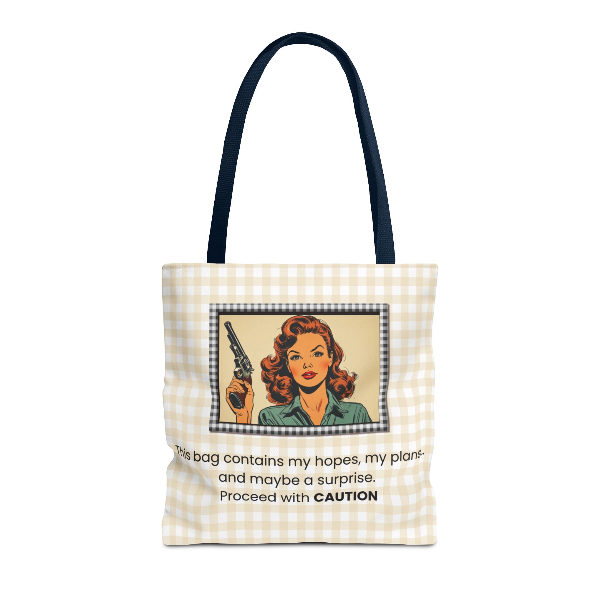 Retro Warning Tote Bag — "This bag contains my hopes, my plans, and maybe a surprise. Proceed with CAUTION"