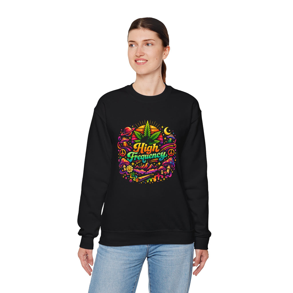 High Frequency Graphic Sweatshirt — Colorful Cannabis Leaf Vibe