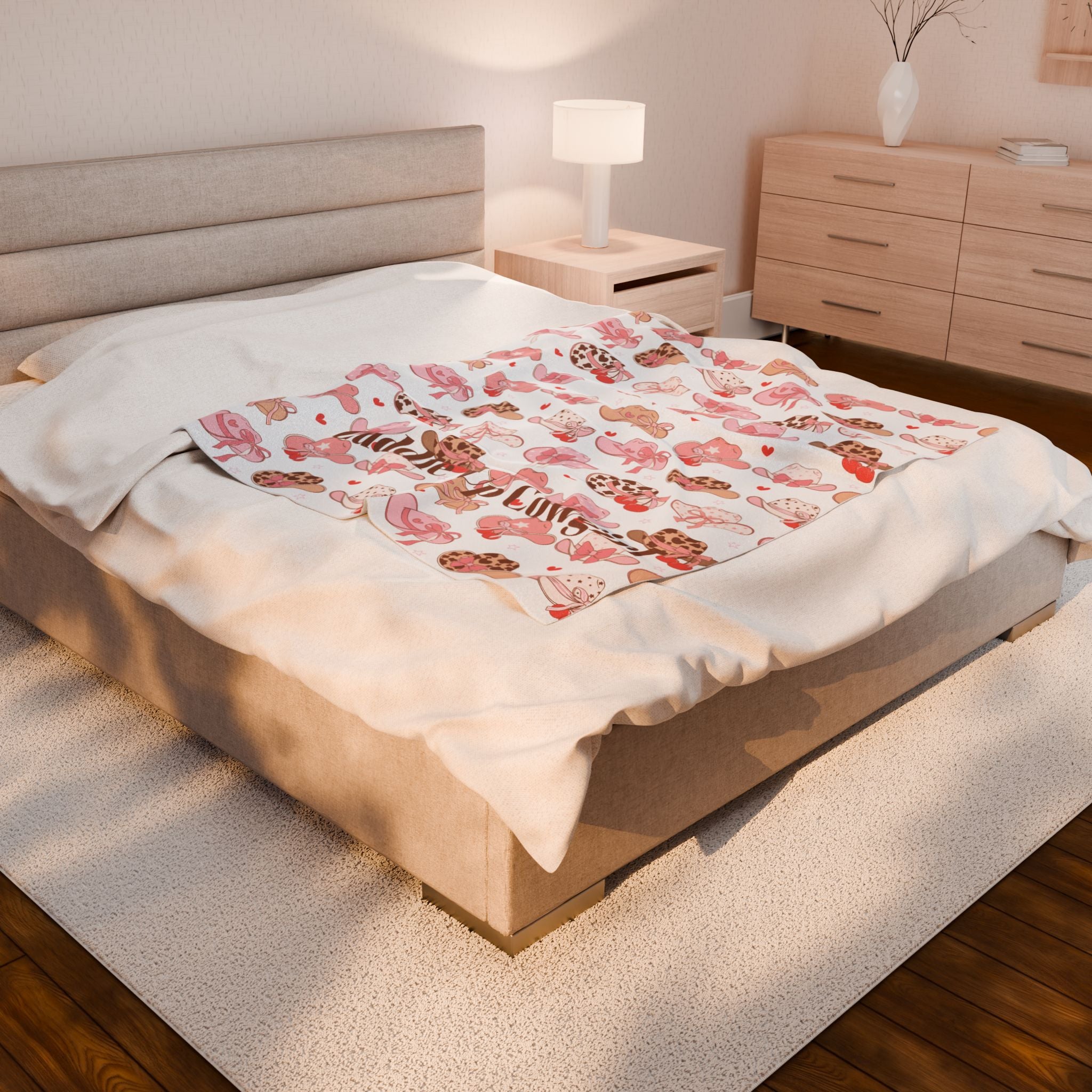Cuddle Up Cowgirl Velveteen Plush Blanket — Pink Cowgirl Hat Pattern Cozy Throw