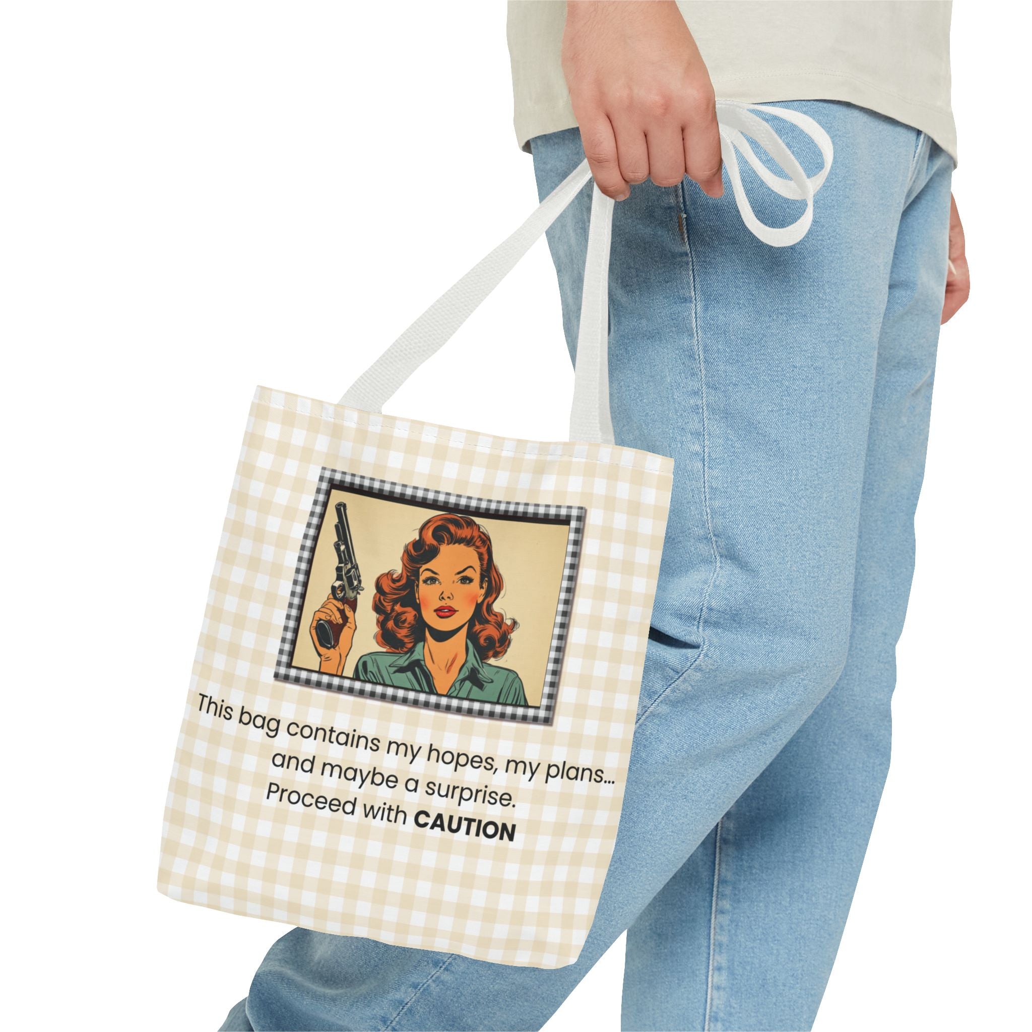 Retro Warning Tote Bag — "This bag contains my hopes, my plans, and maybe a surprise. Proceed with CAUTION"