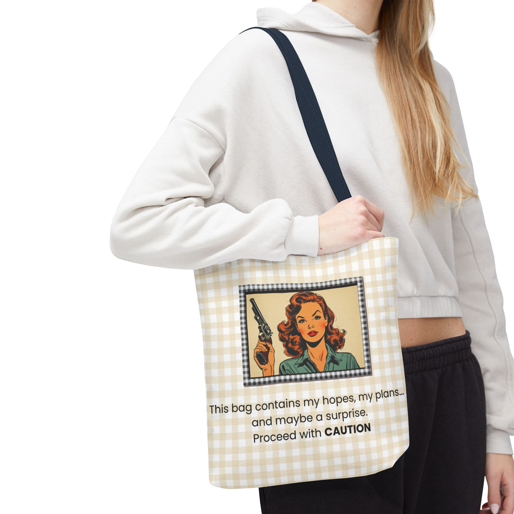 Retro Warning Tote Bag — "This bag contains my hopes, my plans, and maybe a surprise. Proceed with CAUTION"