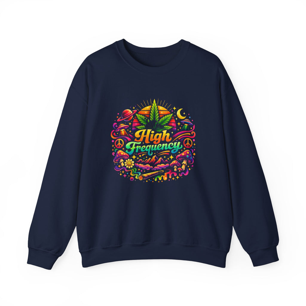 High Frequency Graphic Sweatshirt — Colorful Cannabis Leaf Vibe