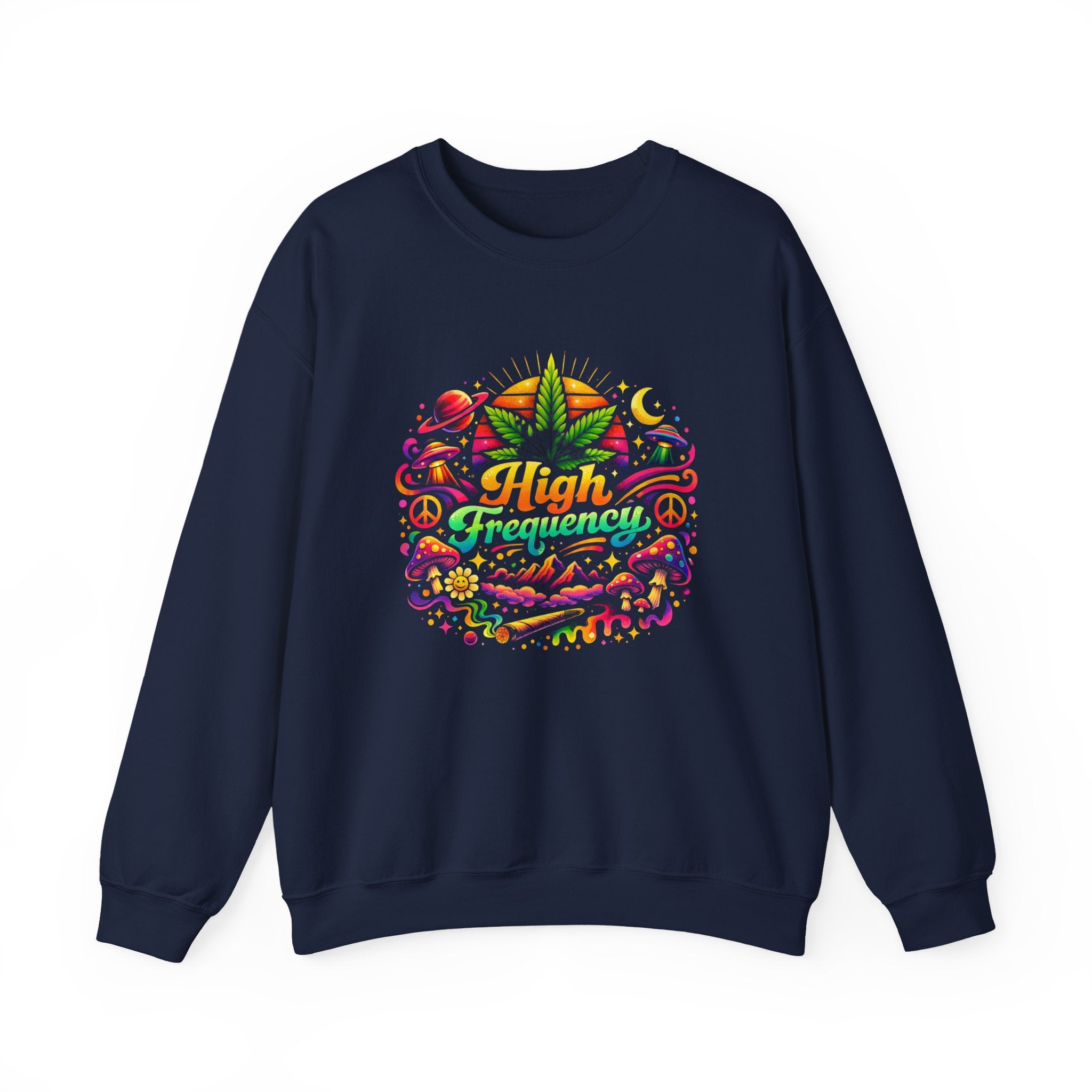 High Frequency Graphic Sweatshirt — Colorful Cannabis Leaf Vibe